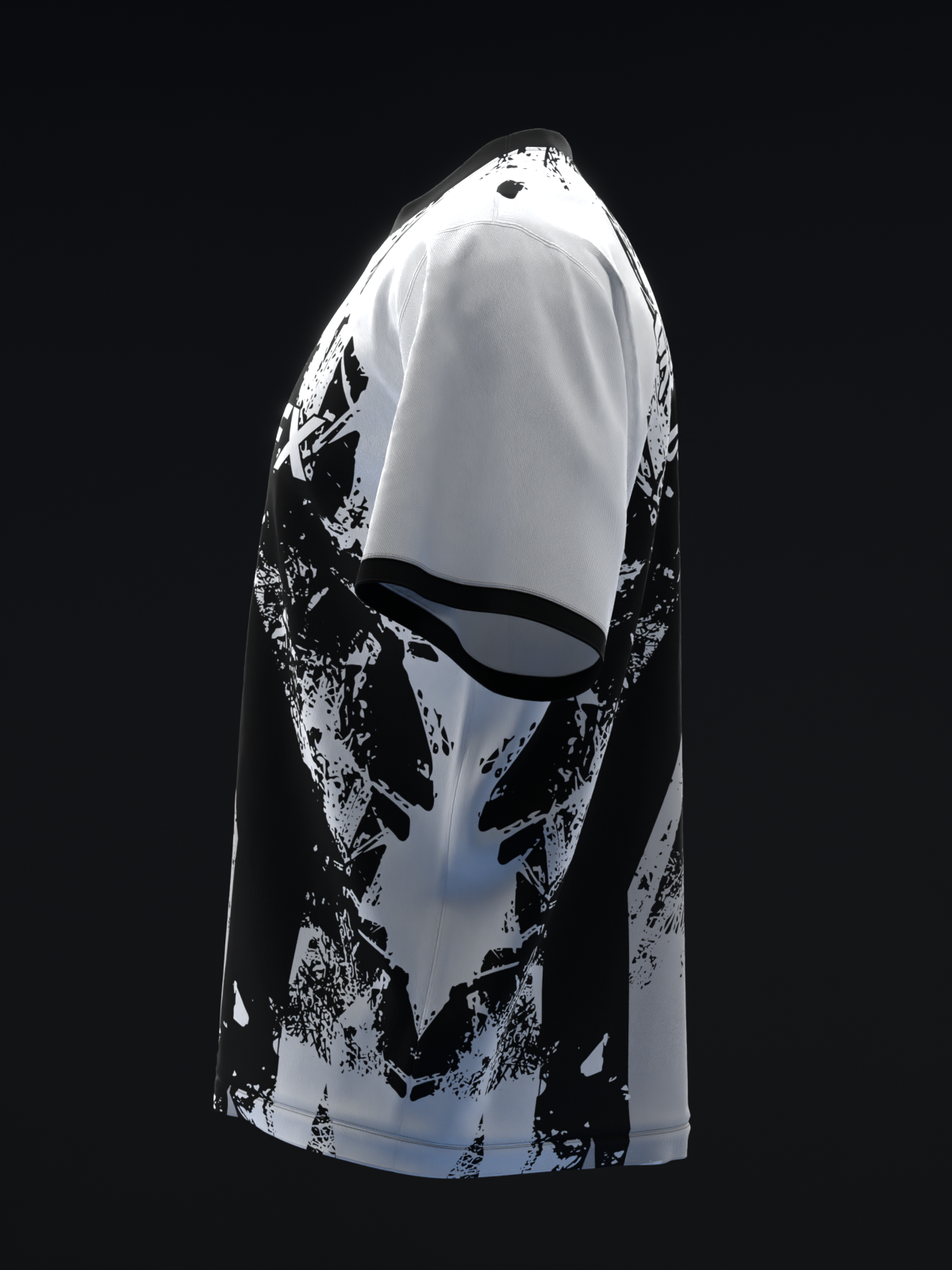Black and white bowling jersey with abstract splatter graphic design, front view