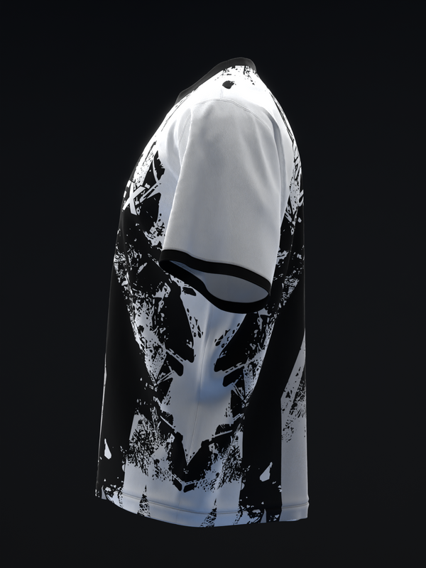 Black and white bowling jersey with abstract splatter graphic design, front view