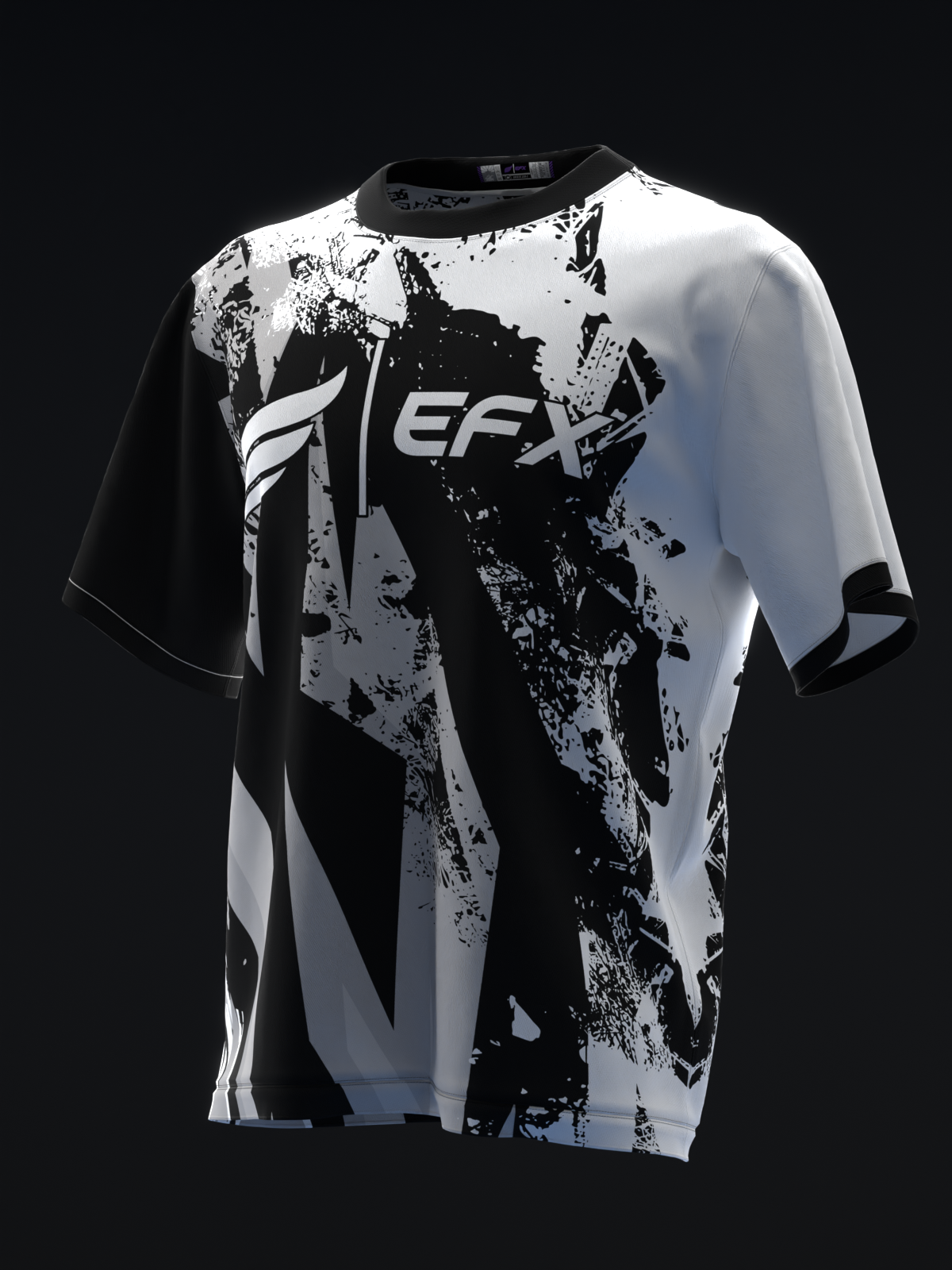 Black and white bowling jersey with abstract splatter graphic design, front view