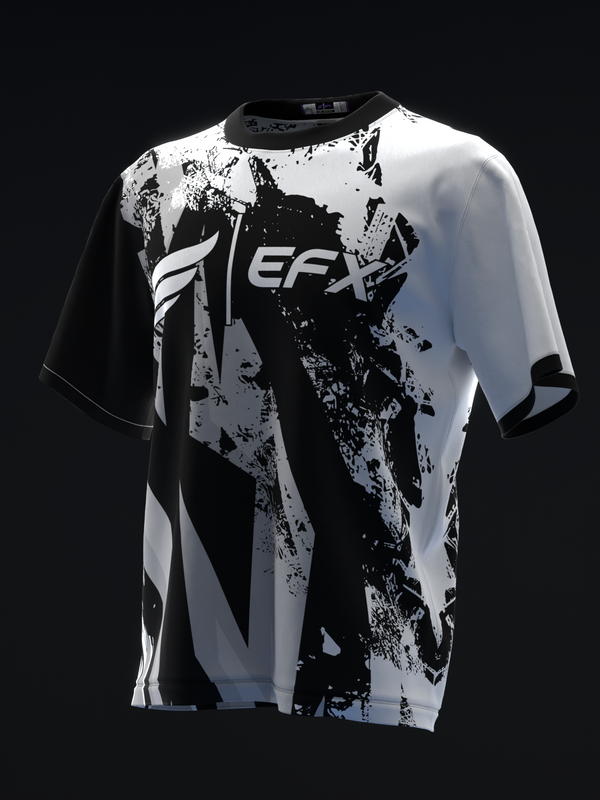 Black and white bowling jersey with abstract splatter graphic design, front view