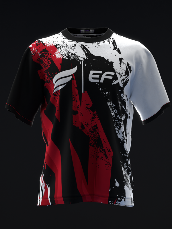 Black, white, and red bowling jersey with grunge paint splatter design and EFX logo