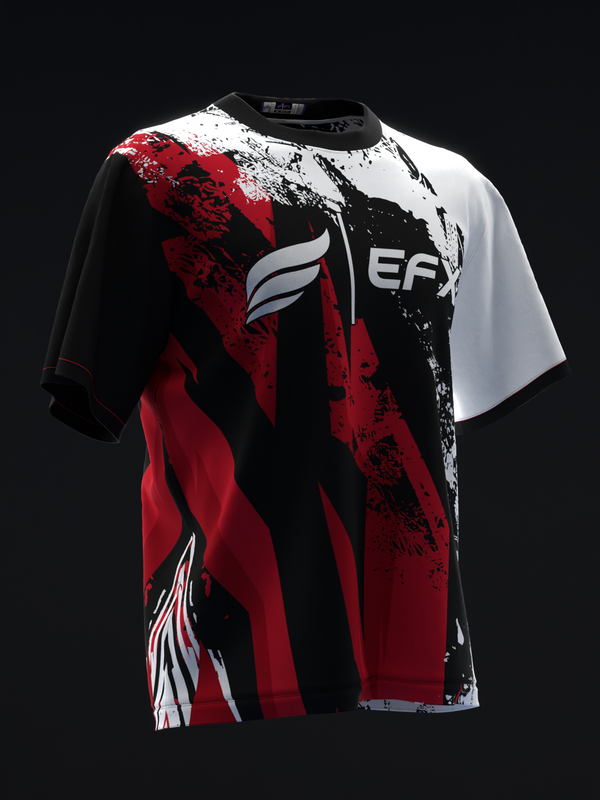 Black, white, and red bowling jersey with distressed graphic and EFX logo, front view