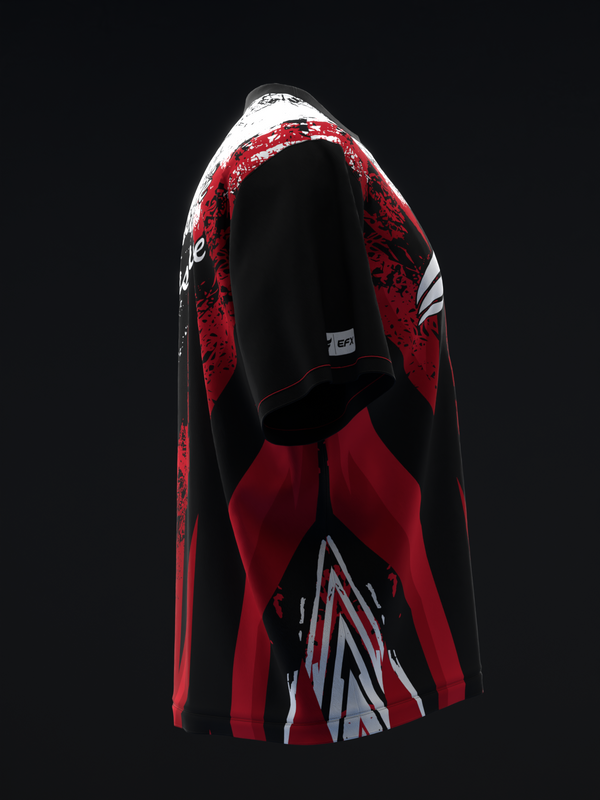 Red and black bowling jersey with white accents and geometric design details