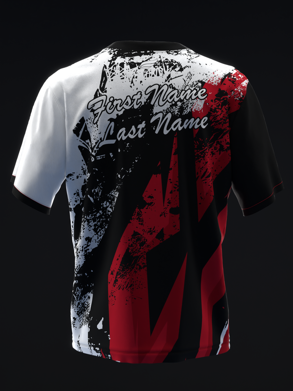 Black, white, and red bowling jersey with grunge graphic and name customization