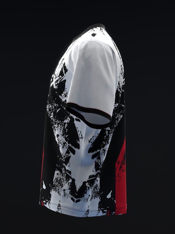 White bowling jersey with black and white grunge pattern and red side panels