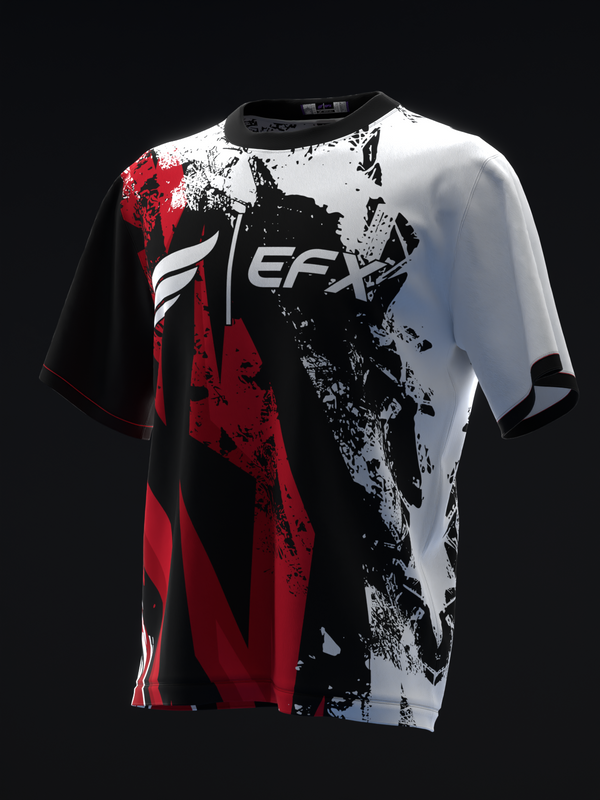 Black, white, and red bowling jersey with splatter graphic design, front view