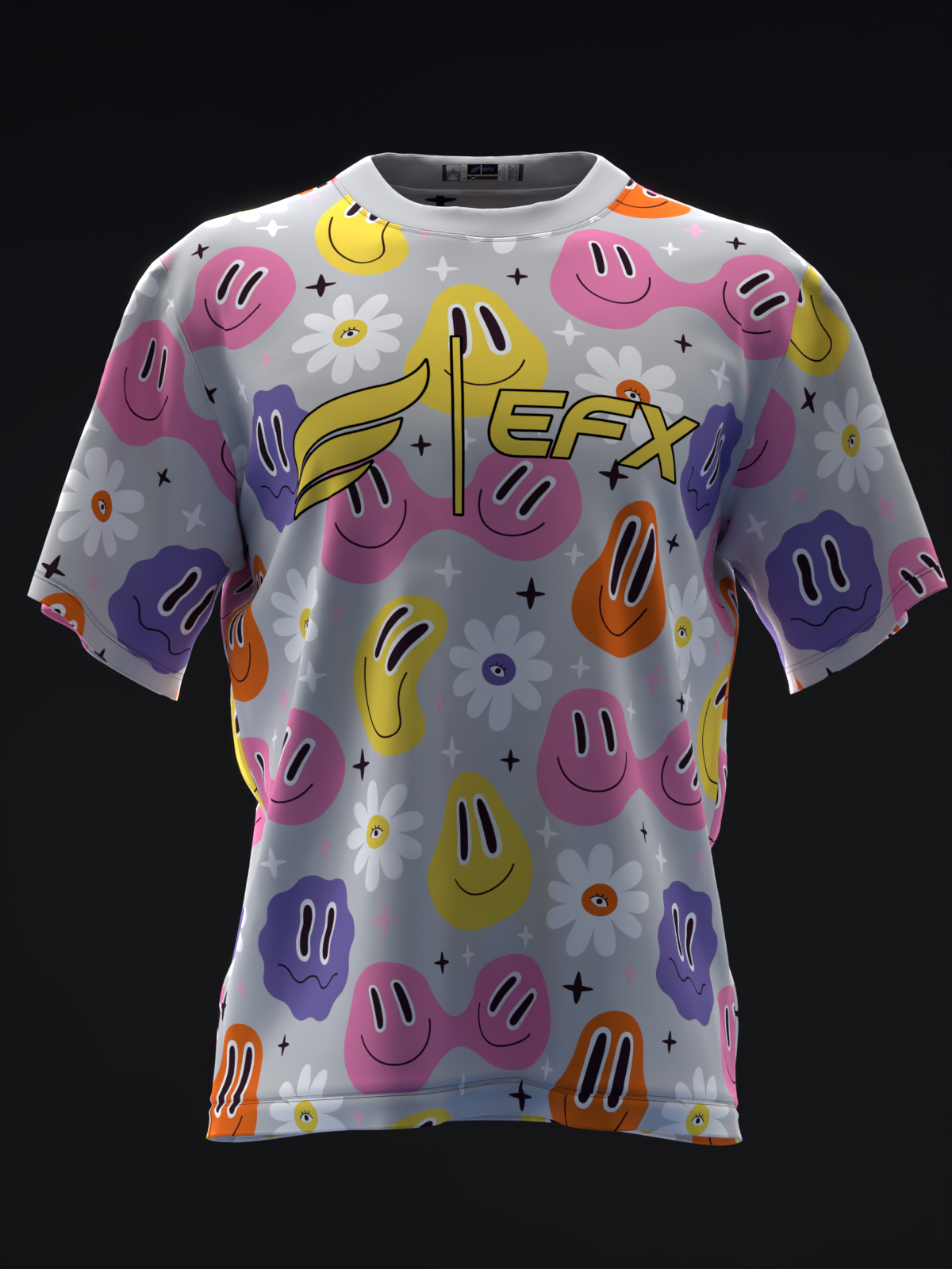 Gray bowling jersey with colorful smiley faces, flowers, and EFX logo, front view