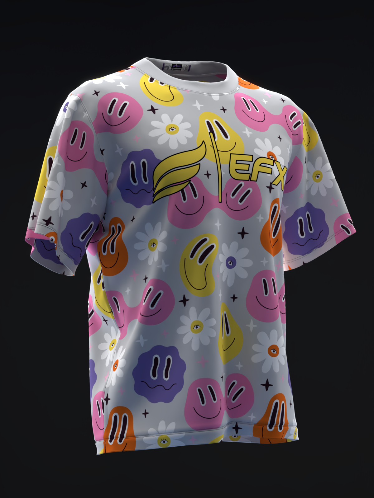 Gray bowling jersey with colorful smiley faces, bananas, flowers, and EFX logo