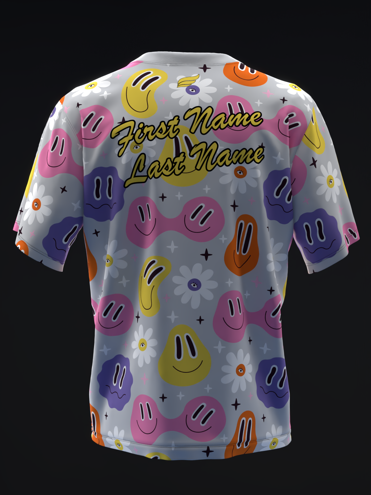 Gray bowling jersey with colorful smiley faces, flowers, and personalized name text