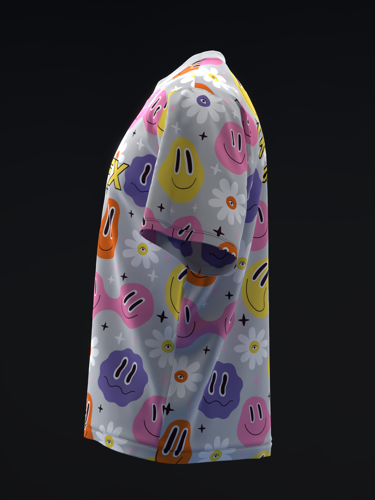 Gray bowling jersey with colorful smiley faces, stars, and daisy pattern, side view