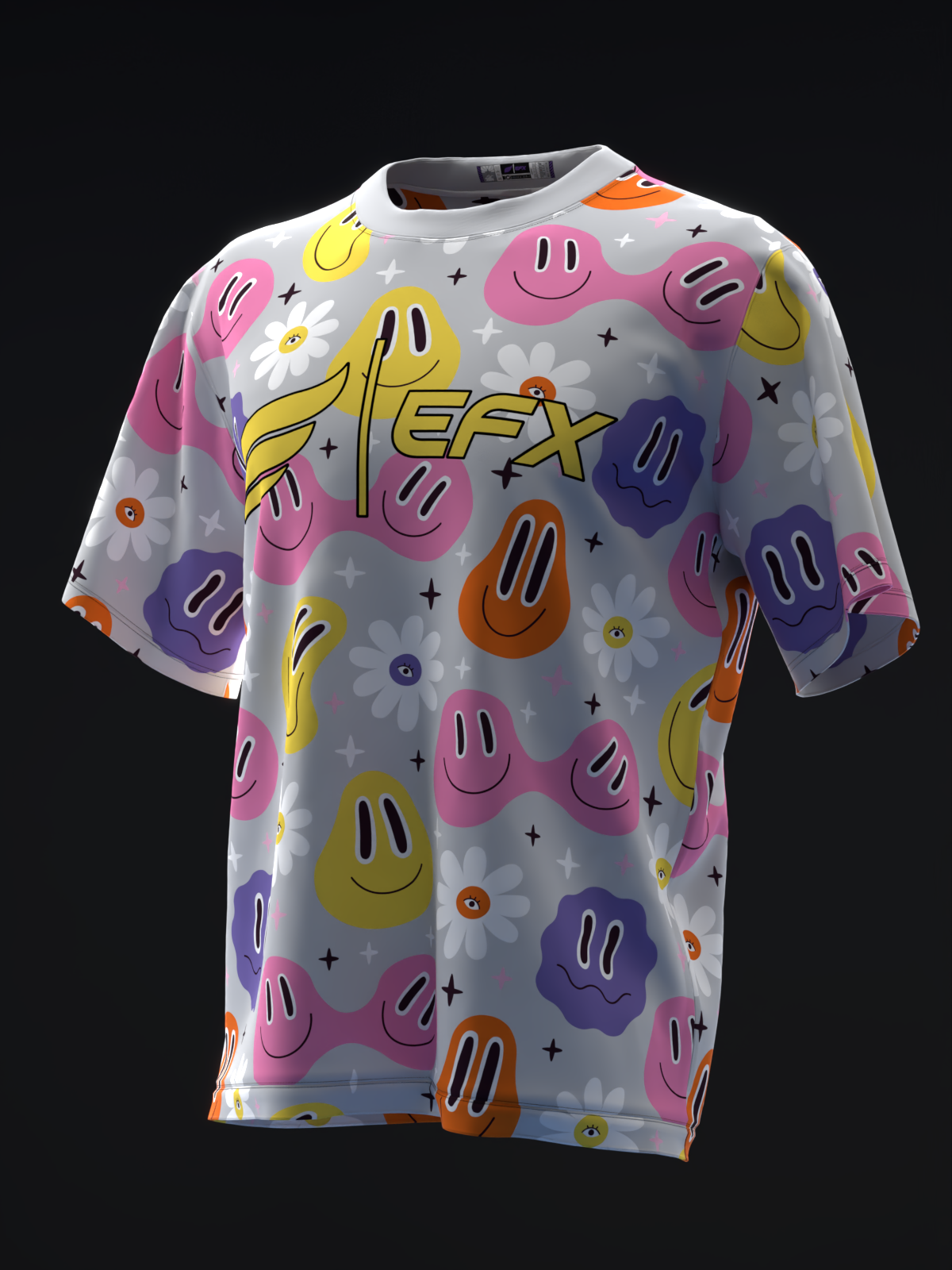 Gray bowling jersey with colorful smiley faces, flowers, and EFX text, front view