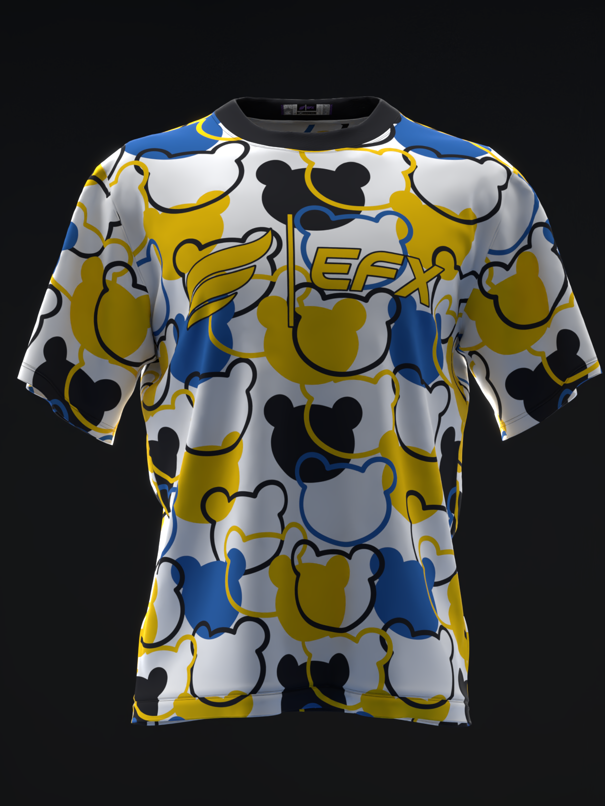 White bowling jersey with yellow, blue, and black Mickey Mouse head pattern, front view