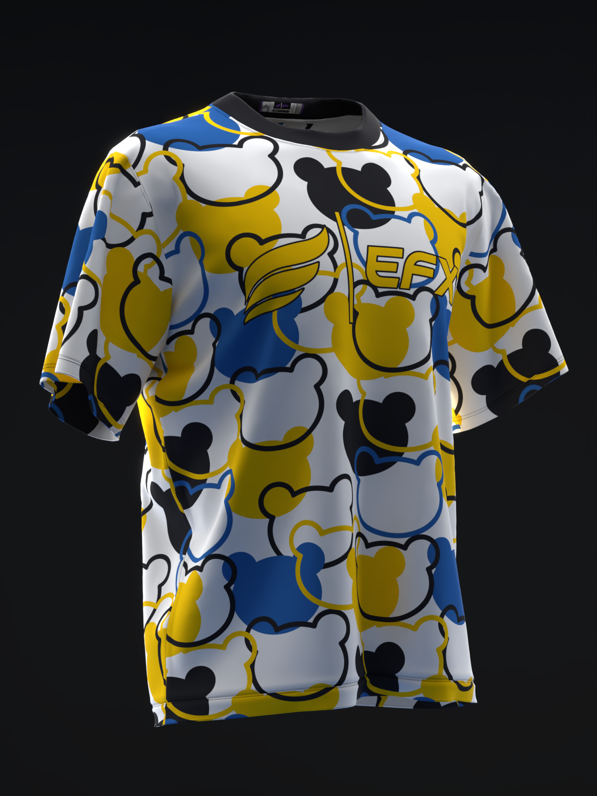 White bowling jersey with yellow, blue, and black abstract graphic pattern, front view