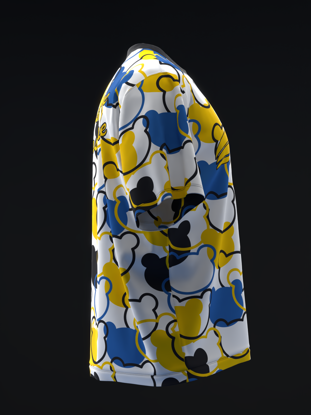 White bowling jersey with yellow, blue, and black abstract geometric pattern