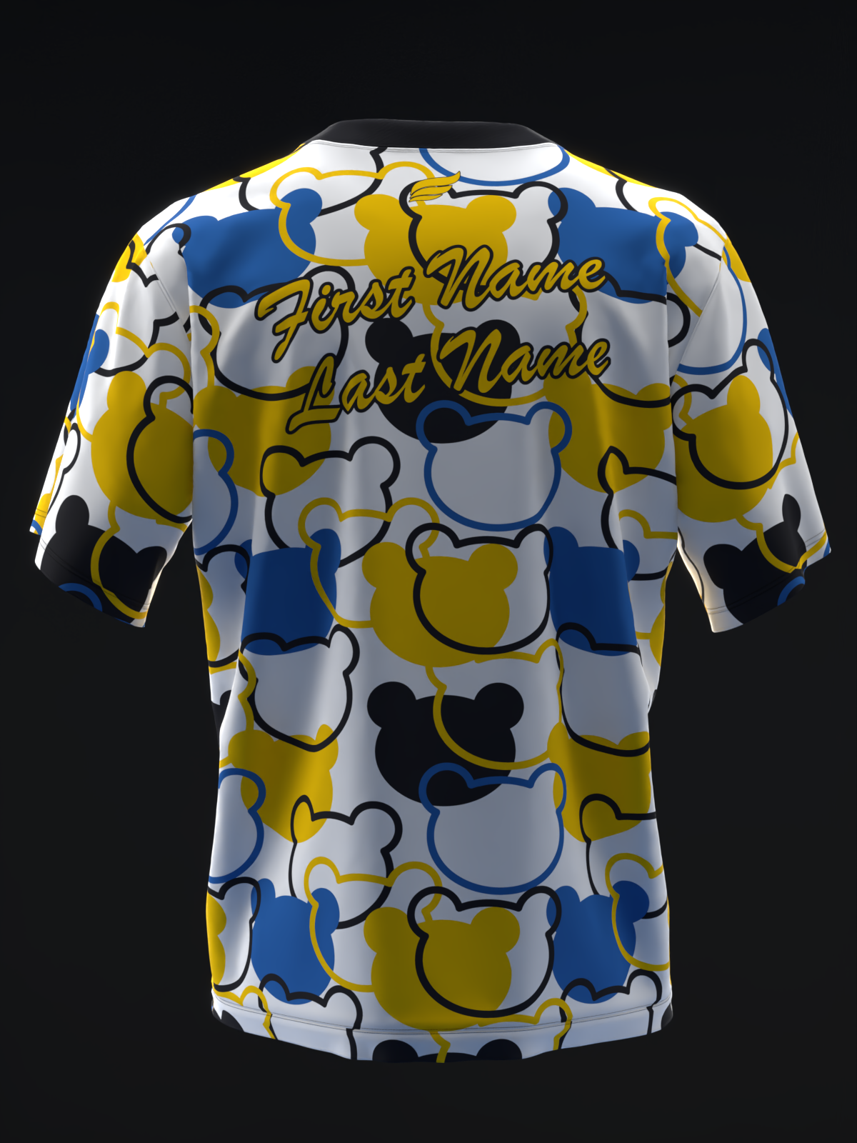 Bowling jersey back view with gold, blue, and white bear head pattern, personalization text