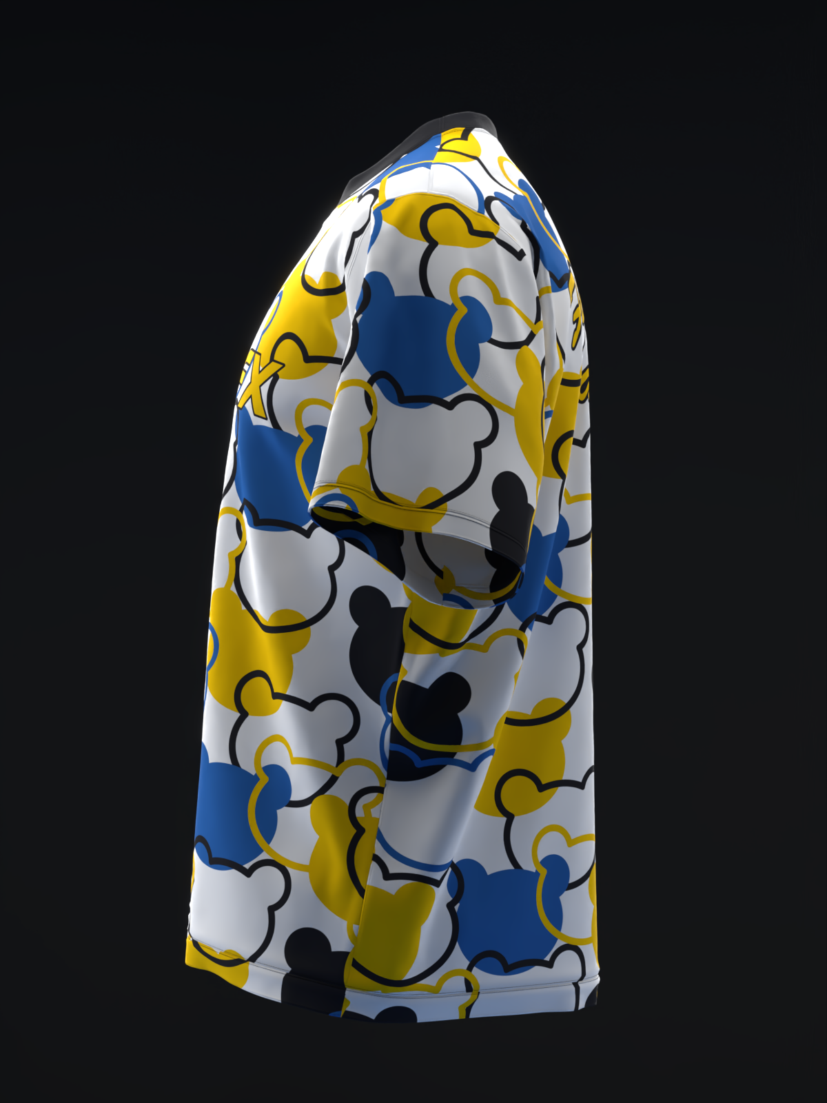 White bowling jersey with blue, yellow, and black abstract geometric pattern, side view