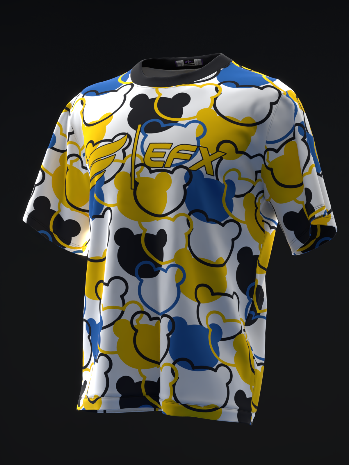 White bowling jersey with blue, gold, and black abstract head graphics throughout