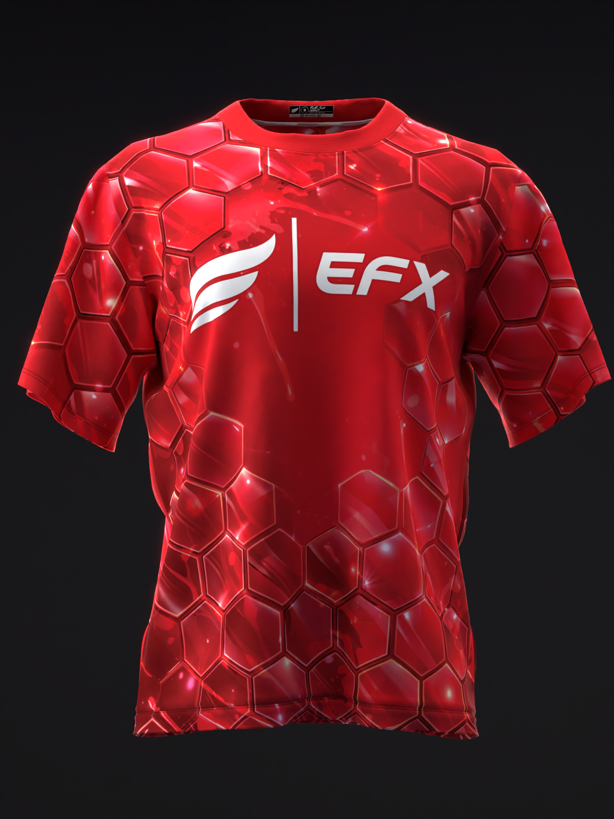 Red bowling jersey with hexagonal pattern and white EFX logo on front