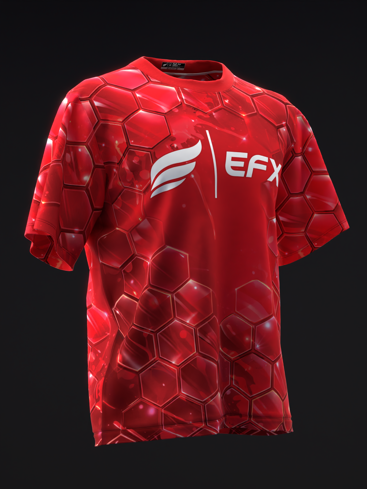 Red bowling jersey with hexagonal pattern and white EFX logo, front view
