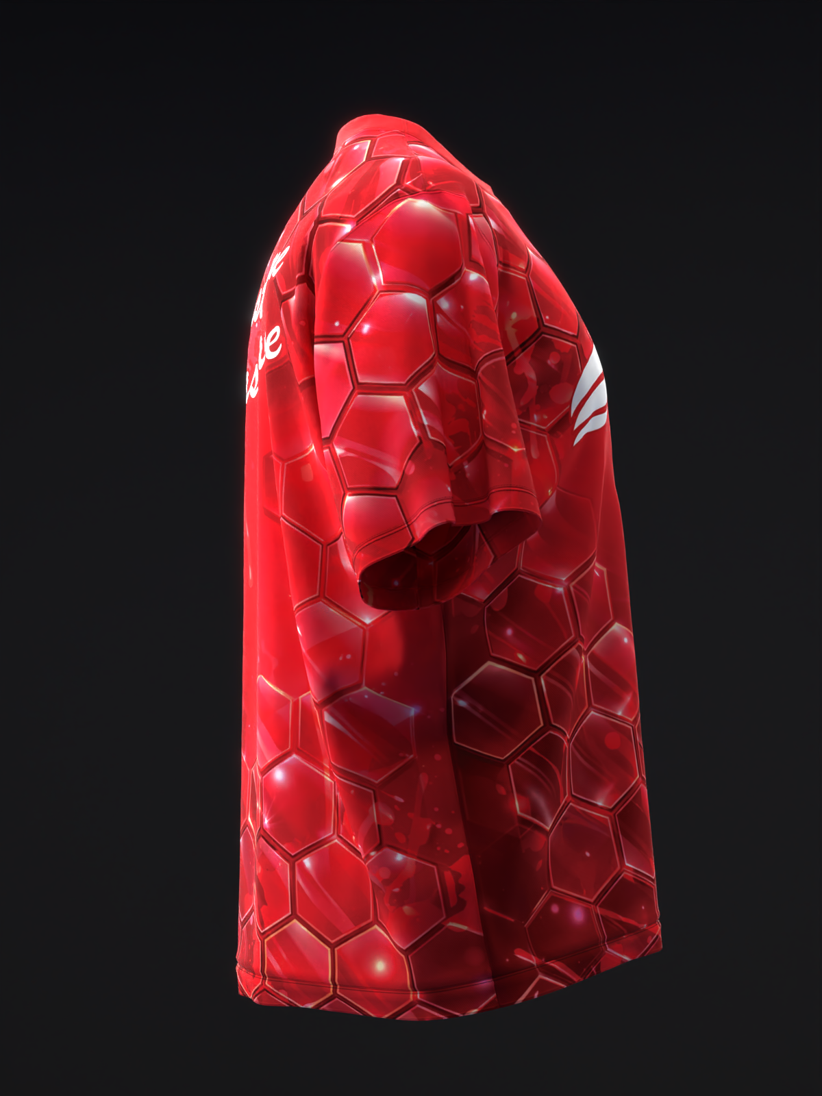 Red bowling jersey with geometric hexagonal pattern and white sleeve accents, side view
