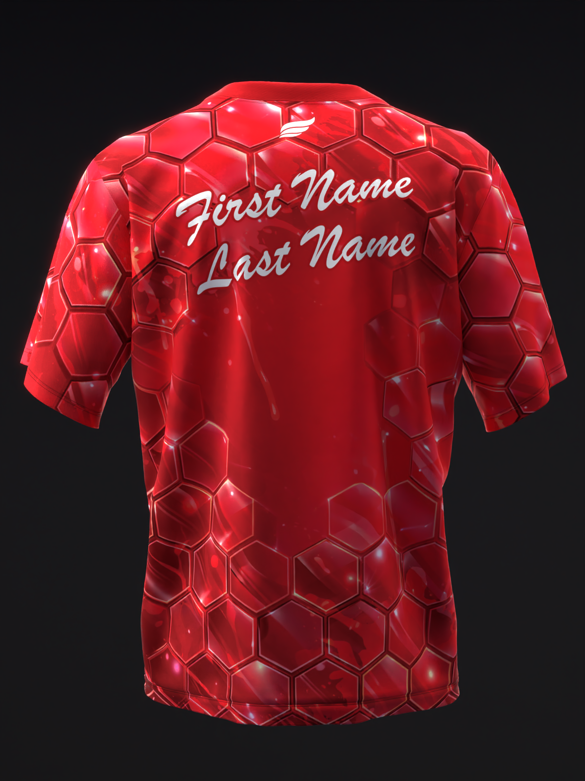 Red bowling jersey with hexagonal pattern and personalized name text, back view