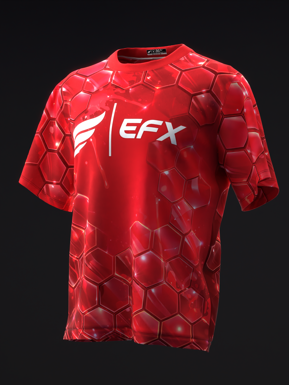 Red bowling jersey with white EFX logo and hexagonal pattern design, front view