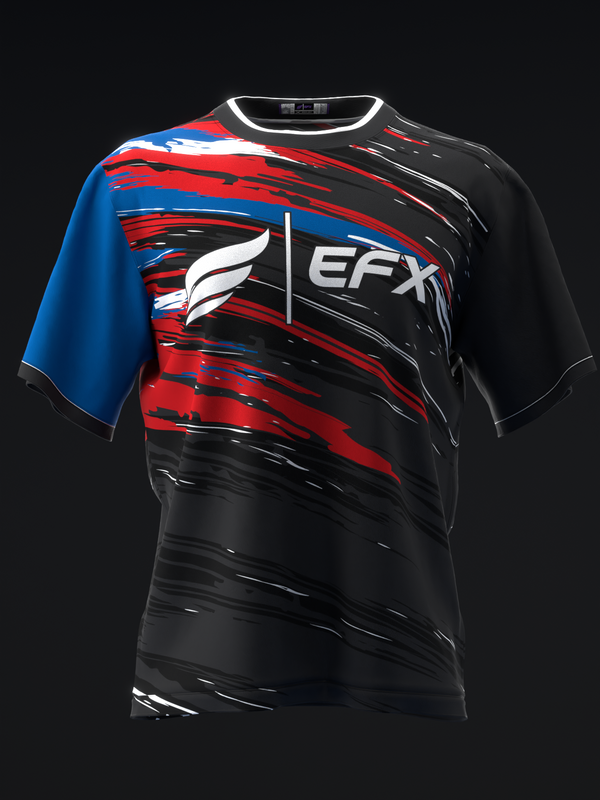 Black bowling jersey front view with red, blue, and white streaked design and EFX logo