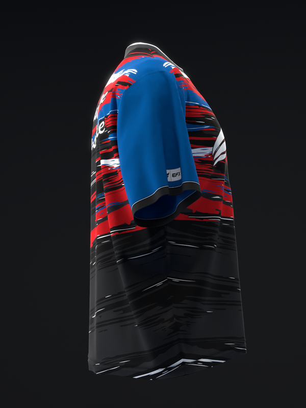 Bowling jersey back view with red striped pattern, black lower section, and blue panel detail