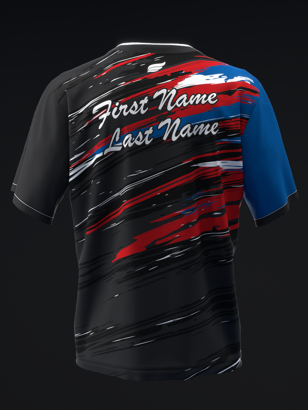 Bowling jersey with red, blue, black streaked design and name customization on front view