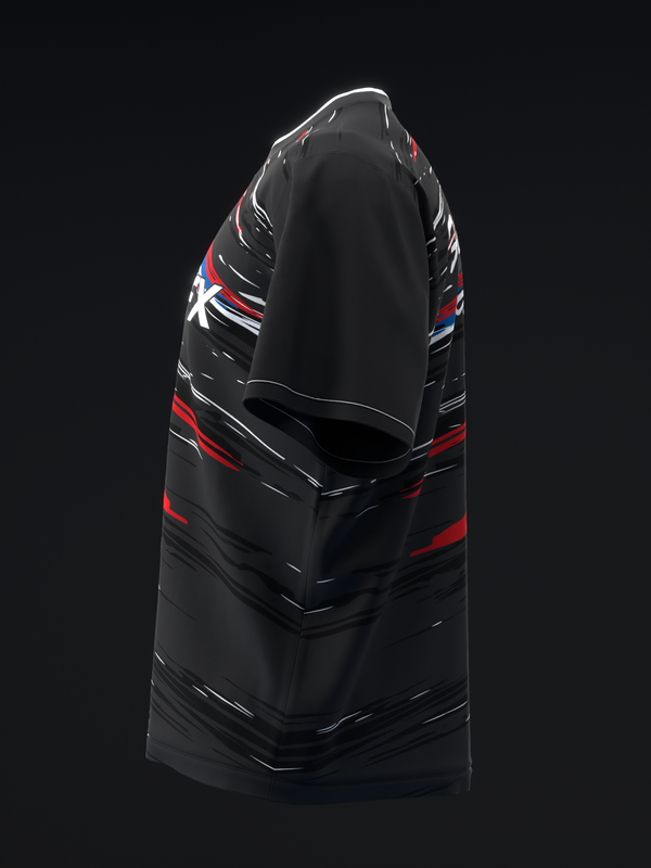 Black bowling jersey with red and white striped sleeves, side view