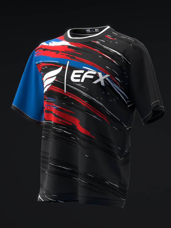 EFX bowling jersey with red, blue, black streaks and white logo on front