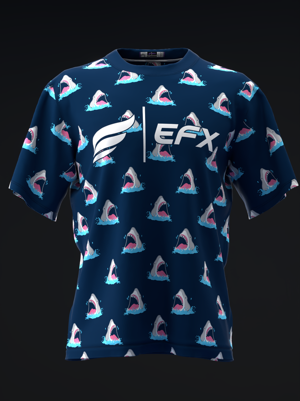Dark navy bowling jersey with colorful shark pattern and EFX logo, front view