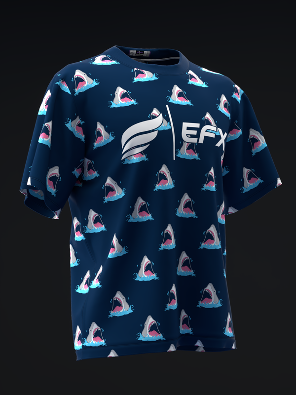 Navy bowling jersey with repeating shark graphic and white EFX logo, front view