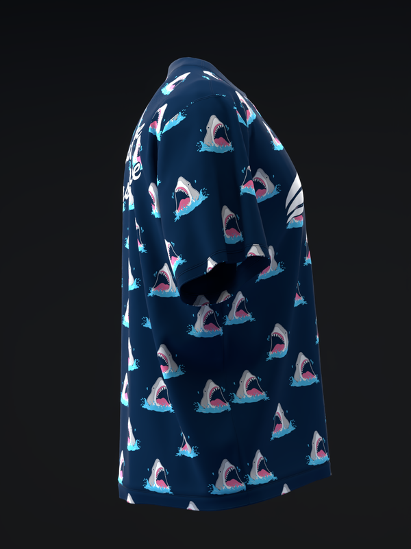 Navy bowling jersey with repeated shark graphic pattern and white sleeve trim