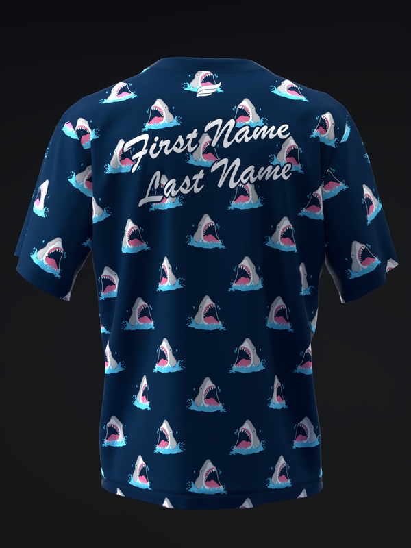 Navy bowling jersey with repeating shark graphic and personalization text on back
