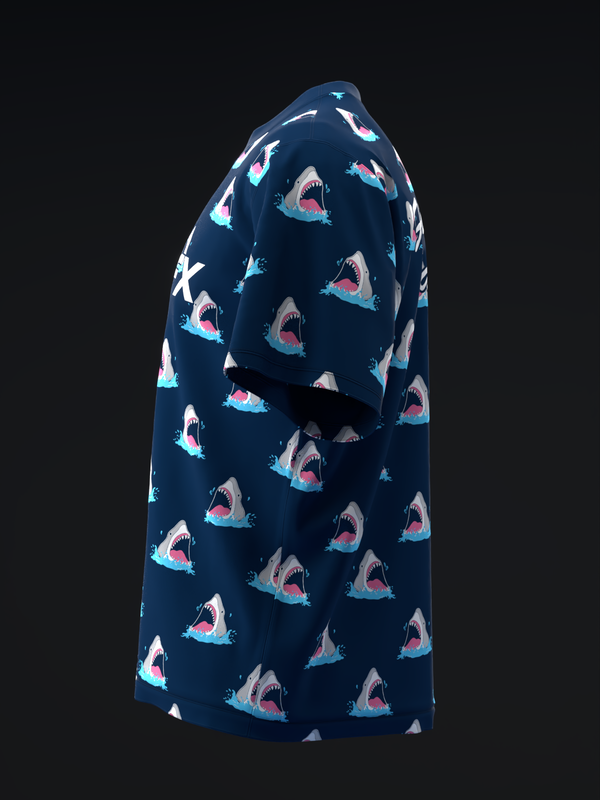 Navy bowling jersey with repeating colorful shark heads print, front view