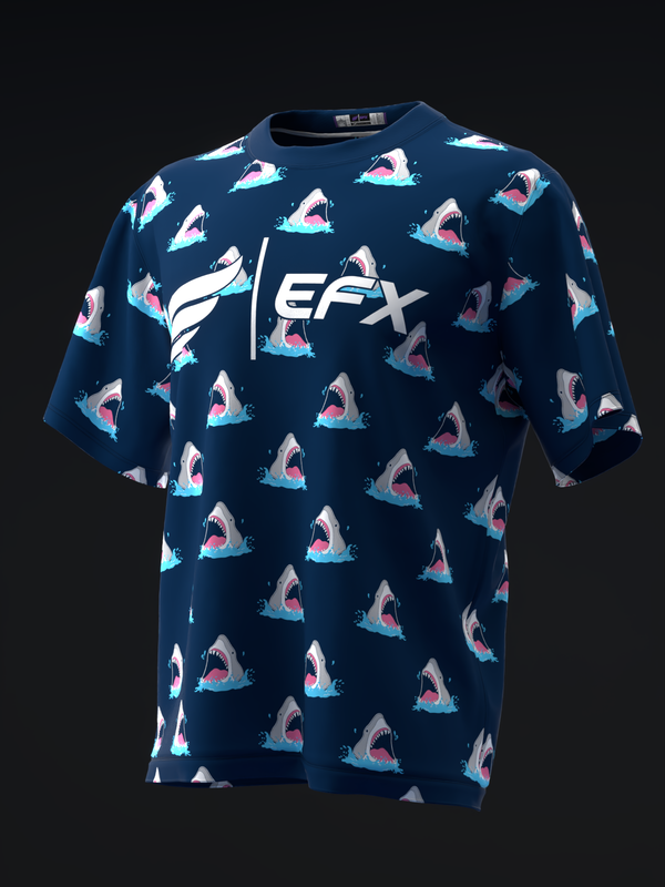Navy bowling jersey with repeated shark graphic and EFX logo on front