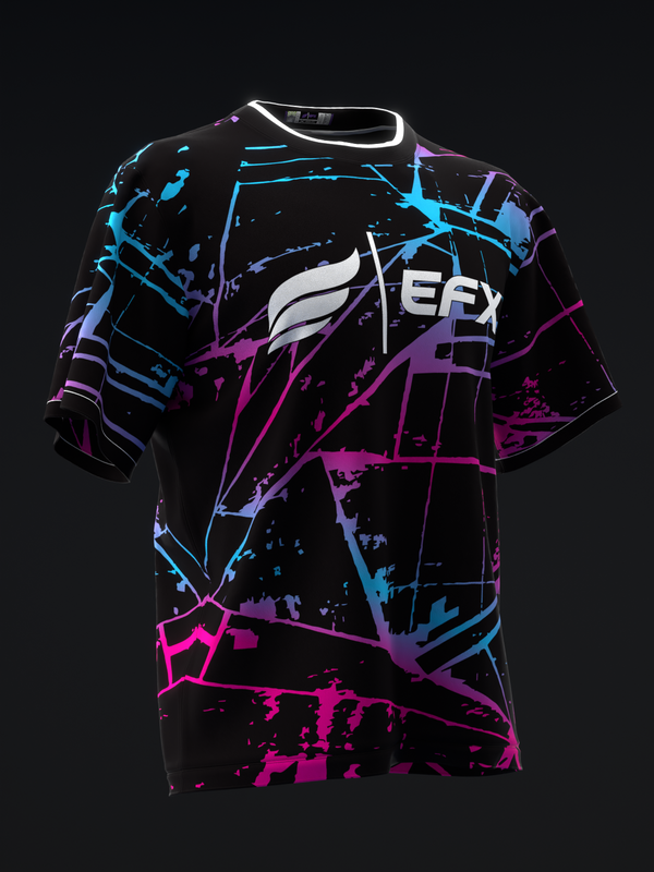 Black bowling jersey with neon blue, pink, and purple abstract splatter pattern and EFX logo, front view