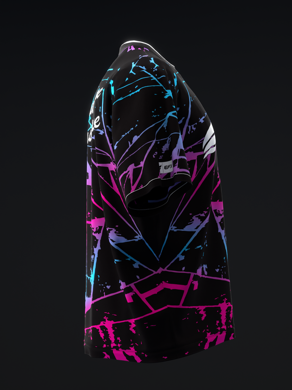 Black bowling jersey with neon pink, blue, and purple abstract geometric design