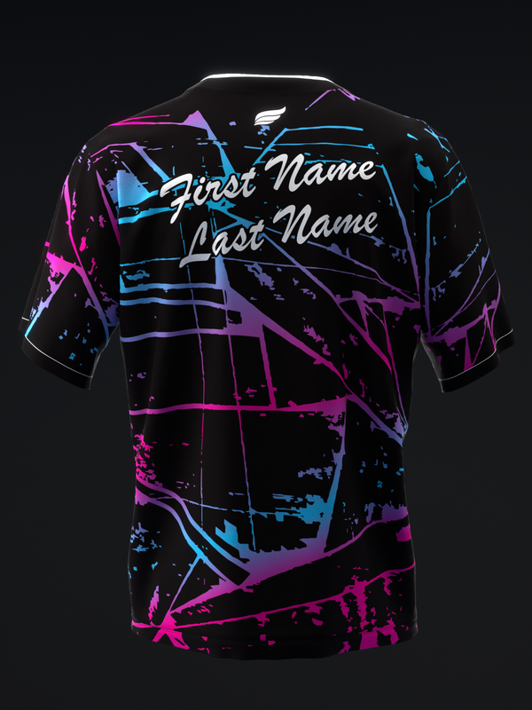 Black bowling jersey with neon pink and blue abstract splatter design, front view