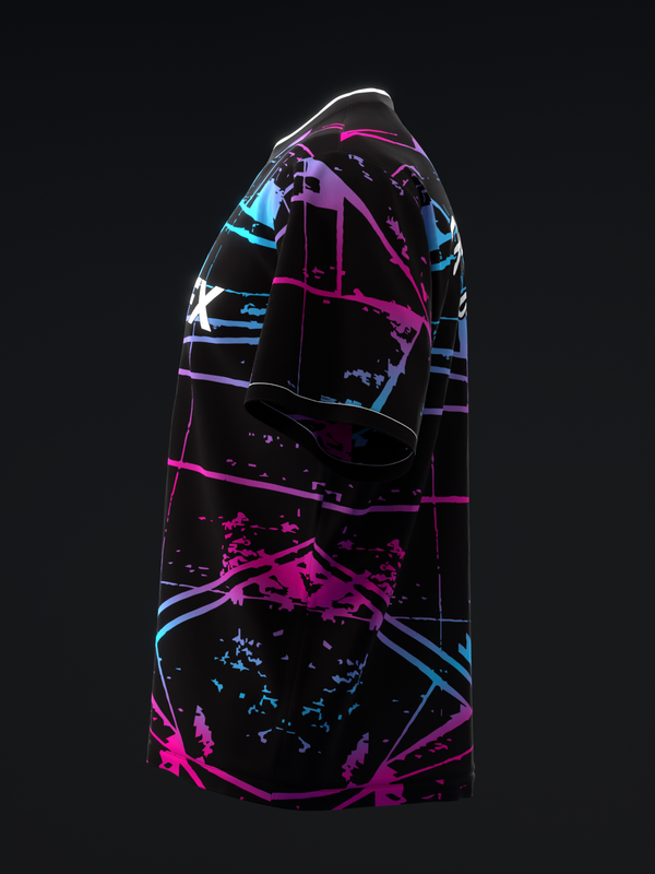 Black bowling jersey with neon pink and cyan abstract graphic design
