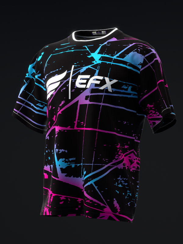 Black bowling jersey with neon pink and cyan geometric lines and splatter pattern
