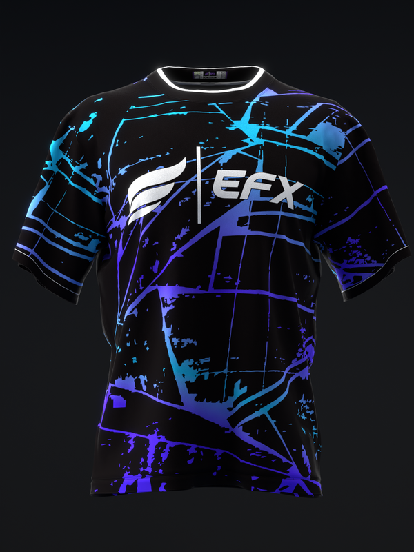 Black bowling jersey with neon blue and purple splatter design and EFX logo