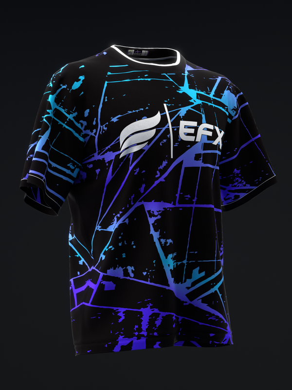 Black bowling jersey with neon blue and purple splatter design and EFX logo