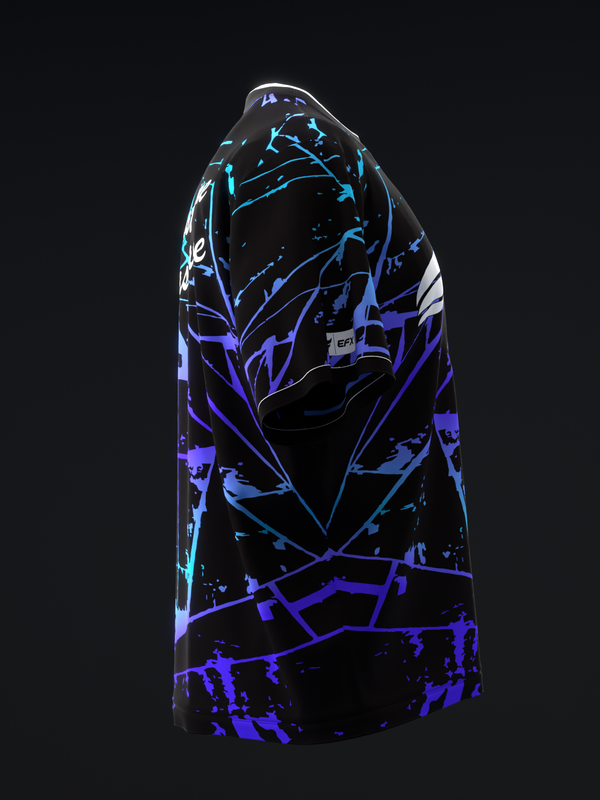 Black bowling jersey with neon purple and cyan geometric pattern, back view