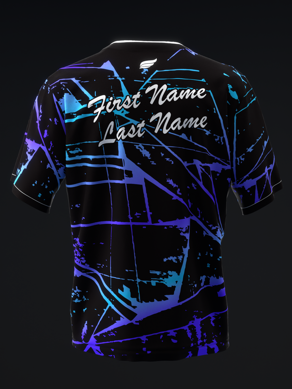 Black bowling jersey with neon purple and blue abstract splatter design and personalization lines