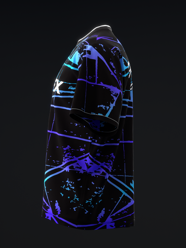 Black bowling jersey with neon purple and cyan geometric design on front