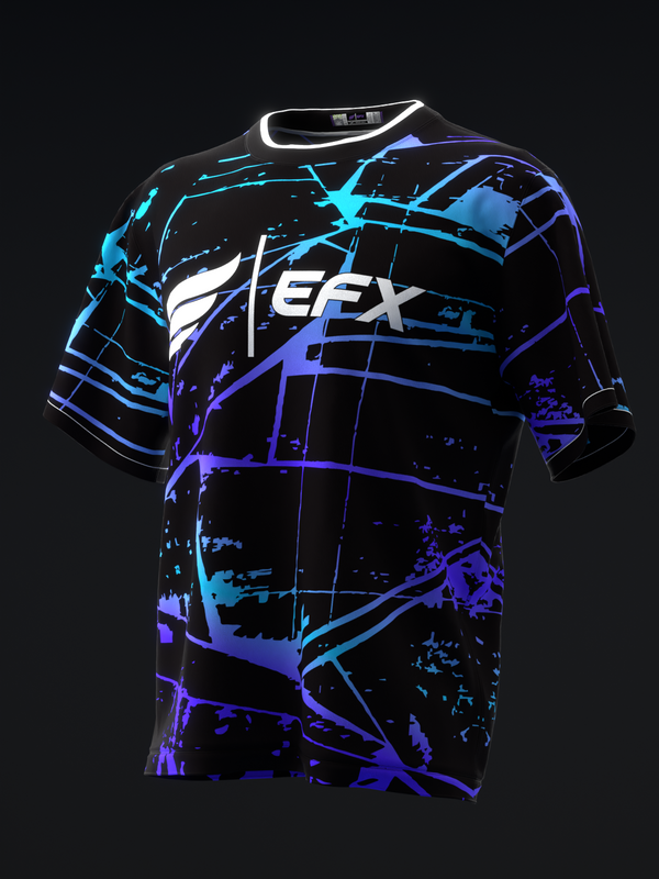 Black bowling jersey with neon blue and purple abstract graphic design front view