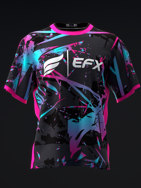 Black bowling jersey with neon pink and cyan abstract graphic design front view