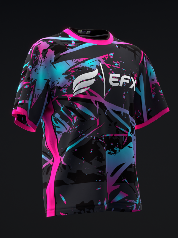 Black bowling jersey with neon pink and cyan abstract splatter design and EFX logo